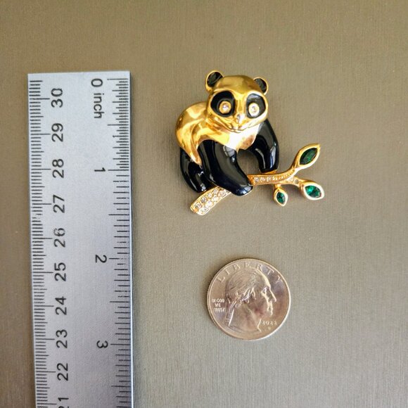 Vintage Swarovski Panda Bear on Branch Enamel & Rhinestone Brooch Pin - Picture 6 of 8